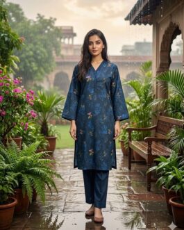 Ladies 2 Piece Printed Lawn Suit – Dark Blue Floral Shirt with Matching Trouser