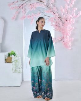 Women’s Teal & Mint Green Ombre 2-Piece Suit – Gradient Tunic with Printed Palazzo
