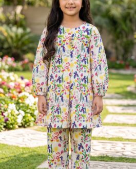 Girls 2-Piece Colorful Printed Lawn Suit – Kids Summer Kurti Trouser Set