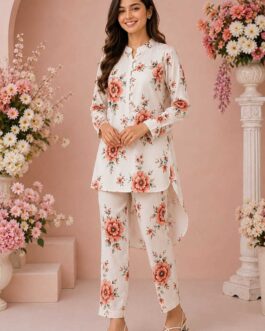 Women’s Off-White Floral Printed High-Low Lawn Suit – 2 Piece Co-Ord Set