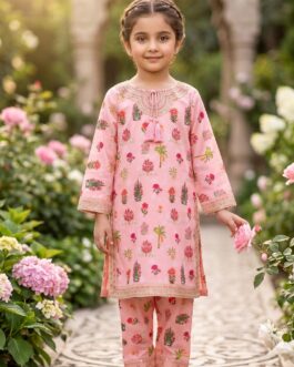 Girls Pink Embroidered & Printed Lawn Suit – 2 Piece Kurti Trouser Set