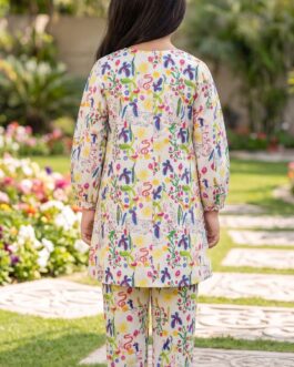 Girls 2-Piece Colorful Printed Lawn Suit – Kids Summer Kurti Trouser Set