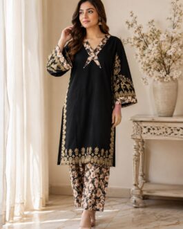 Black Embroidered Lawn Co-Ord Set with Floral Trousers