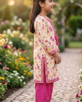 Girls Off-White & Pink Floral Printed Lawn Suit – 2 Piece Kurti Shalwar Set