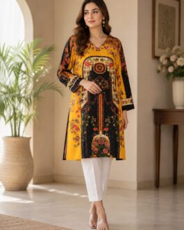 Mustard Yellow & Black Printed Lawn Co-Ord Set with Straight Trousers