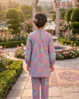Girls Lavender Floral Printed Lawn Suit – 2 Piece Kurti Trouser Set