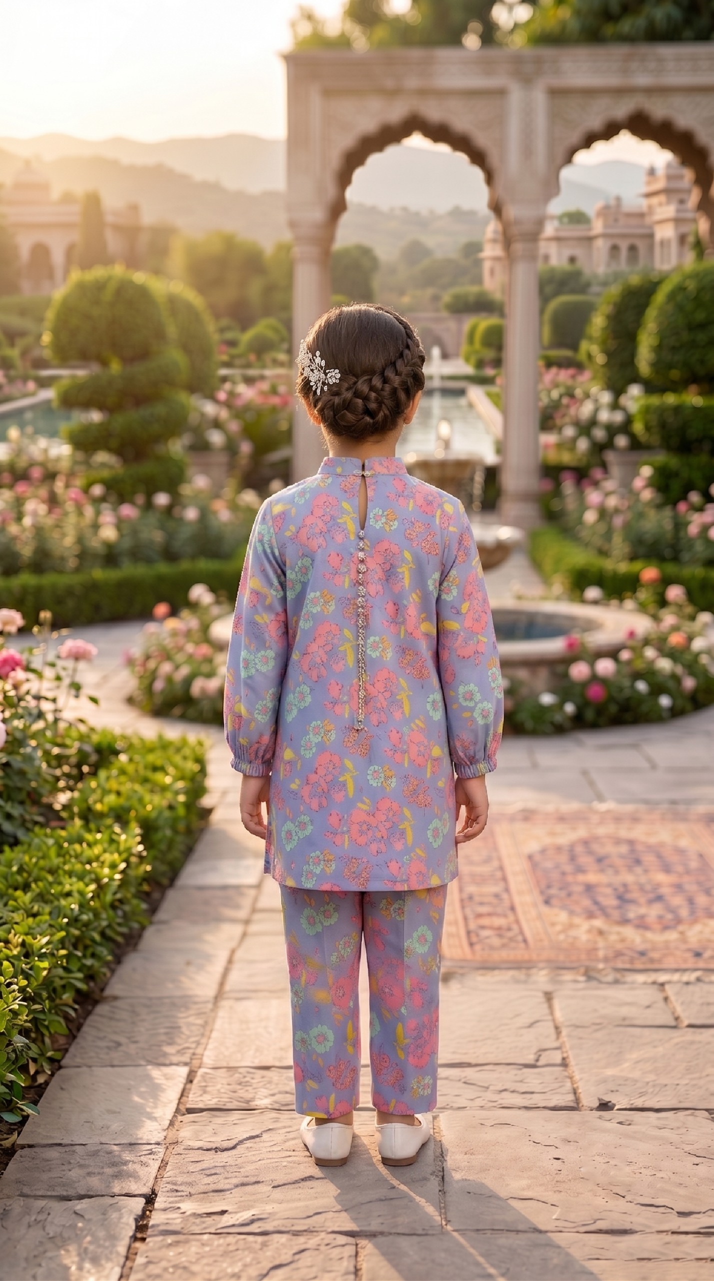 Girls Lavender Floral Printed Lawn Suit - 2 Piece Kurti Trouser Set - Image 2