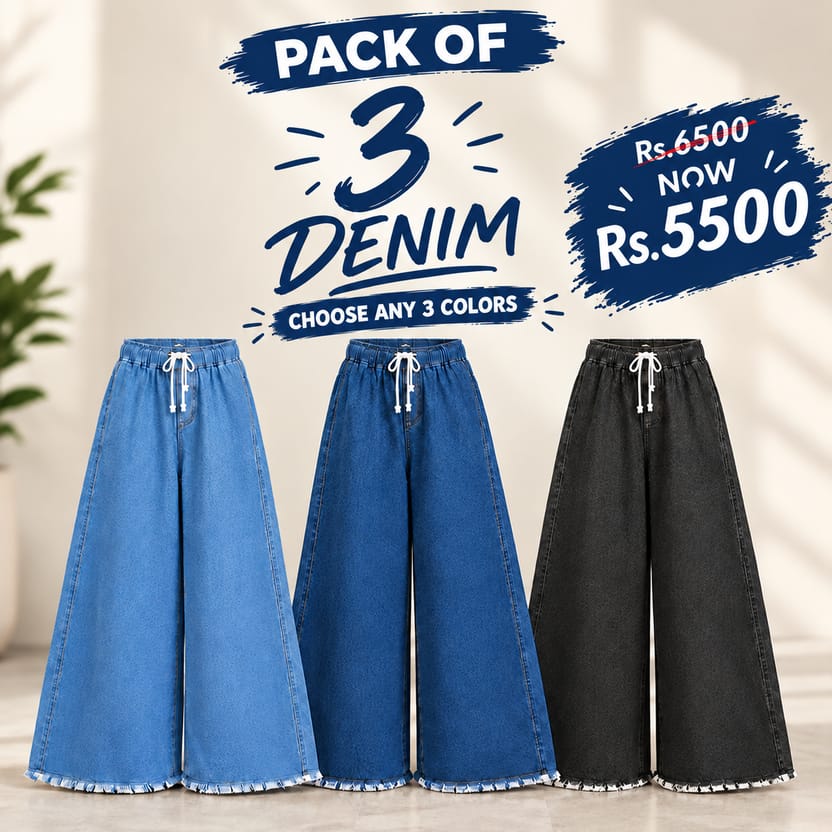 Denim Dori Elastic Waist Denim Trousers for Girls & Women Pack Of 3