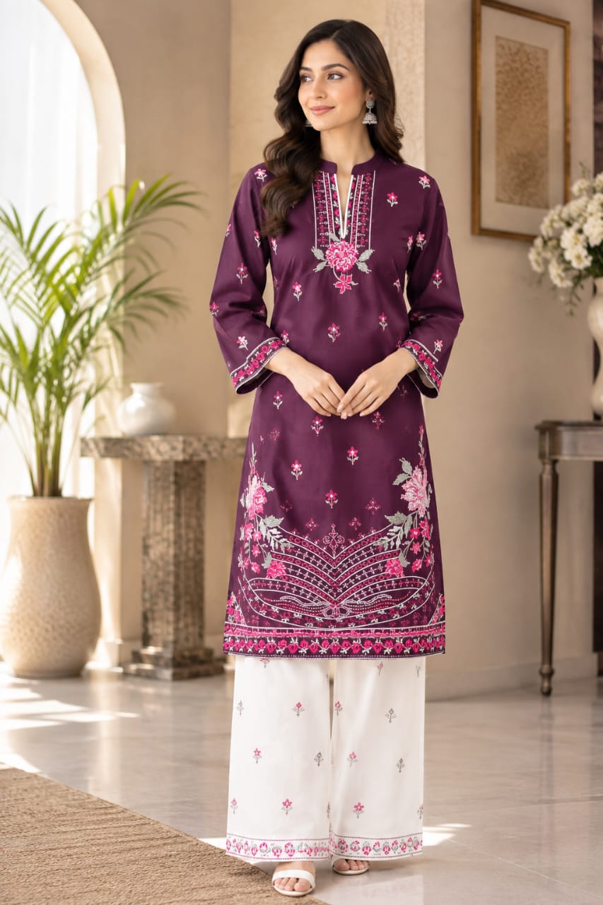 Chic Plum Embroidered Kurti with Matching Trousers & Designer Co-ord Set